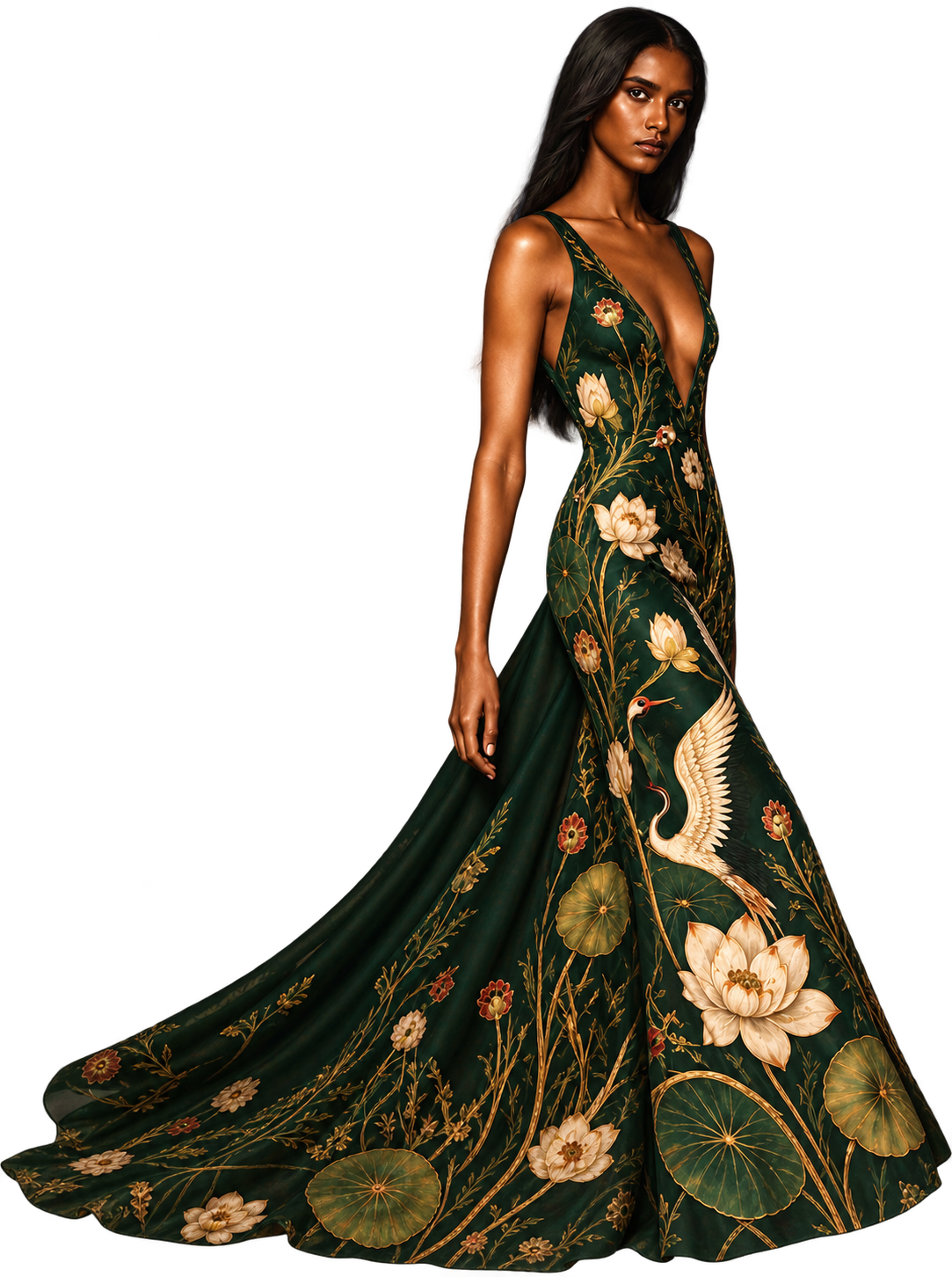 Edyte model wearing an emerald floral gown