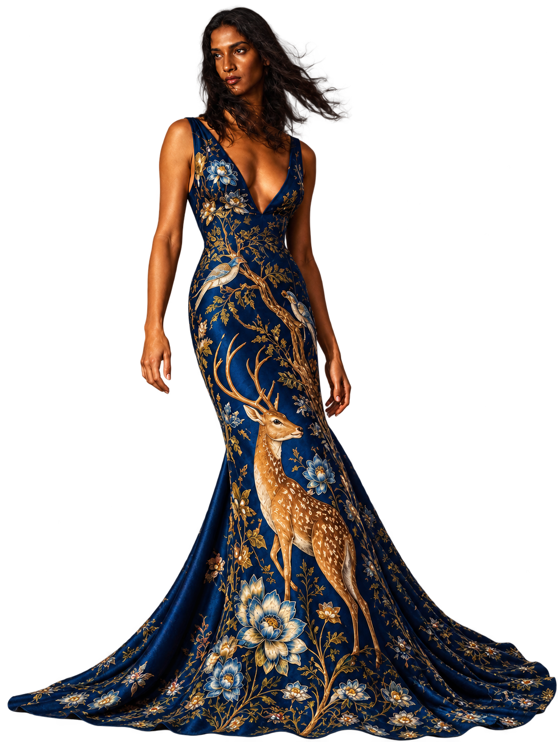 Edyte model wearing a navy floral gown